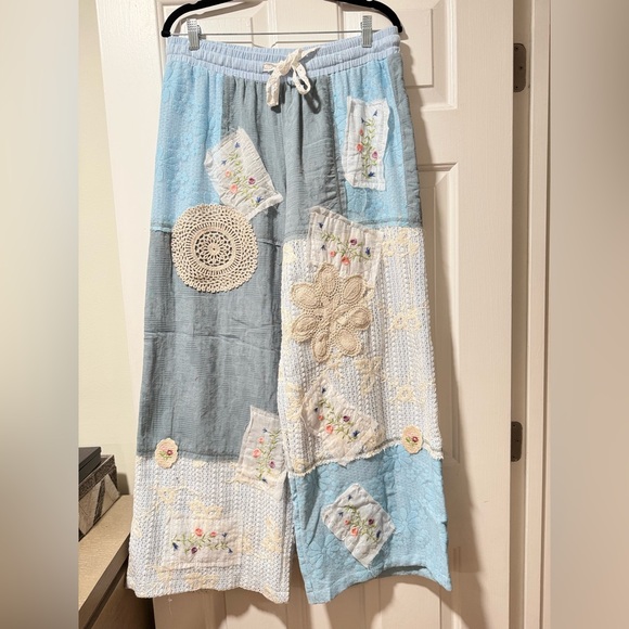POL Striped Floral Patchwork Wide leg Pants with Side Big Star Patch